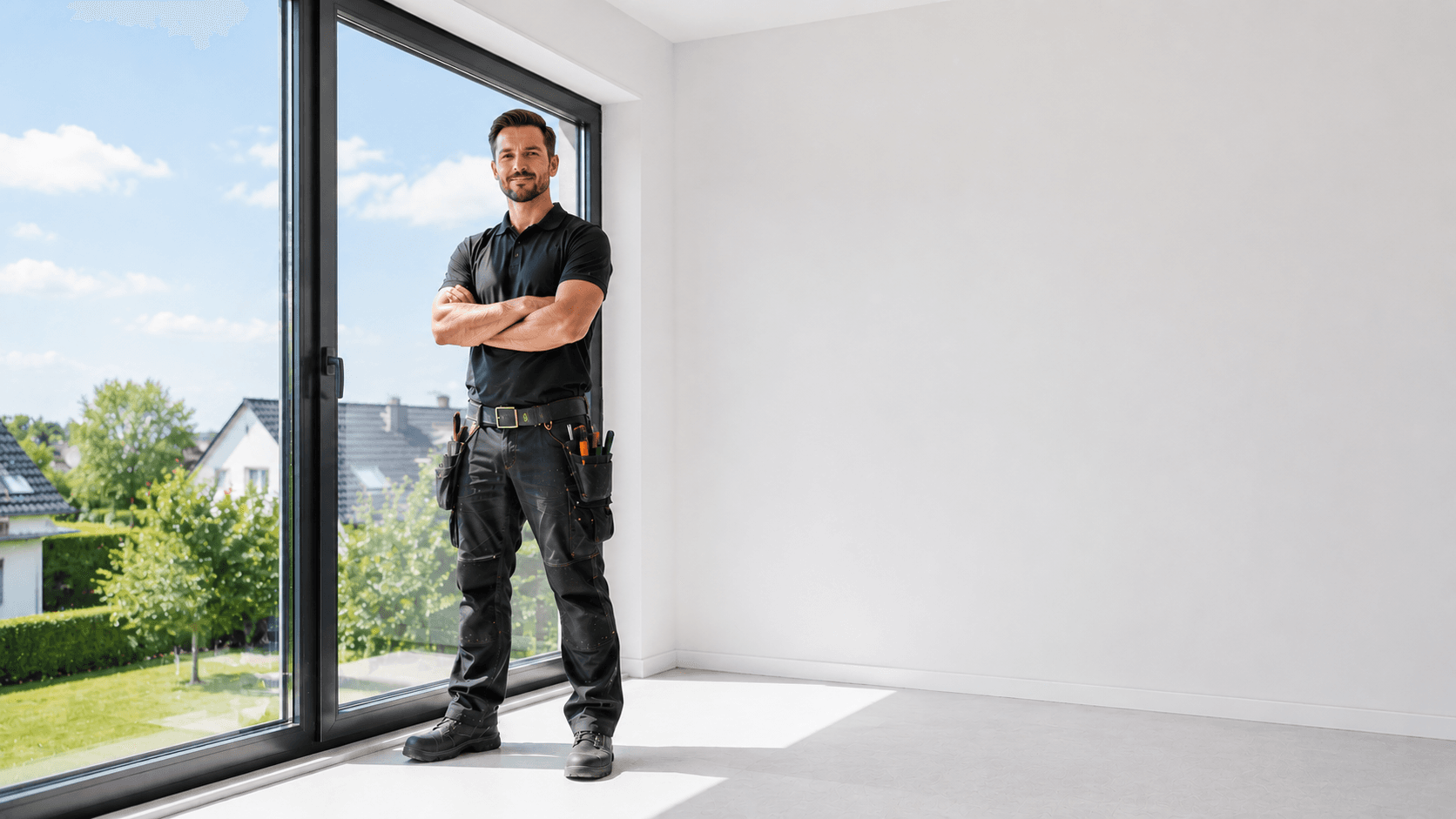 Fensterbauer steht mit verschränkten Armen vor einer bodentiefen Fensterfront